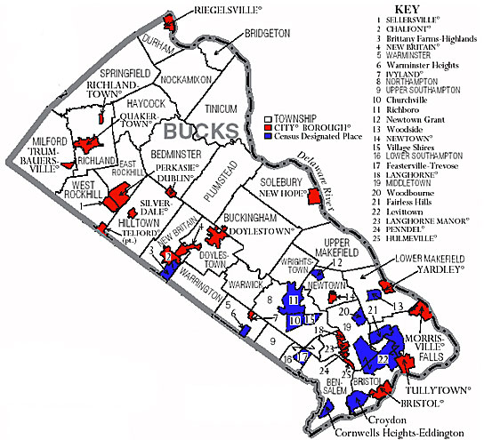 Bucks County PA gutter cleaning, repair & installation area map.